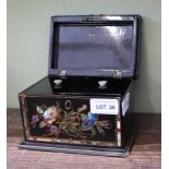 A 19TH CENTURY PAPIER MACHE TEA CADDY decorated with Mother of Pearl and overgilt painting