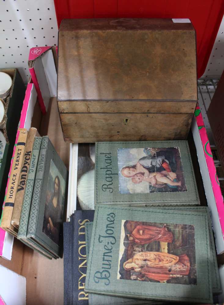 A BOX CONTAINING A SELECTION OF ART REFERENCE BOOKS together with a Victorian stationery box