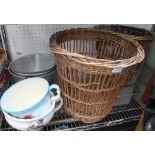 TWO MID-CENTURY WOVEN WICKER WORK WASTE PAPER BASKETS together with two pottery chamber pots, and