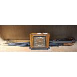 AN ELLIOTT BRANDED WALNUT MANTEL TIMEPIECE together with; a brolly, a wooden shafted golf club,