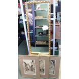 A GILT FRAMED ROBING MIRROR together with three decorative prints of French towns