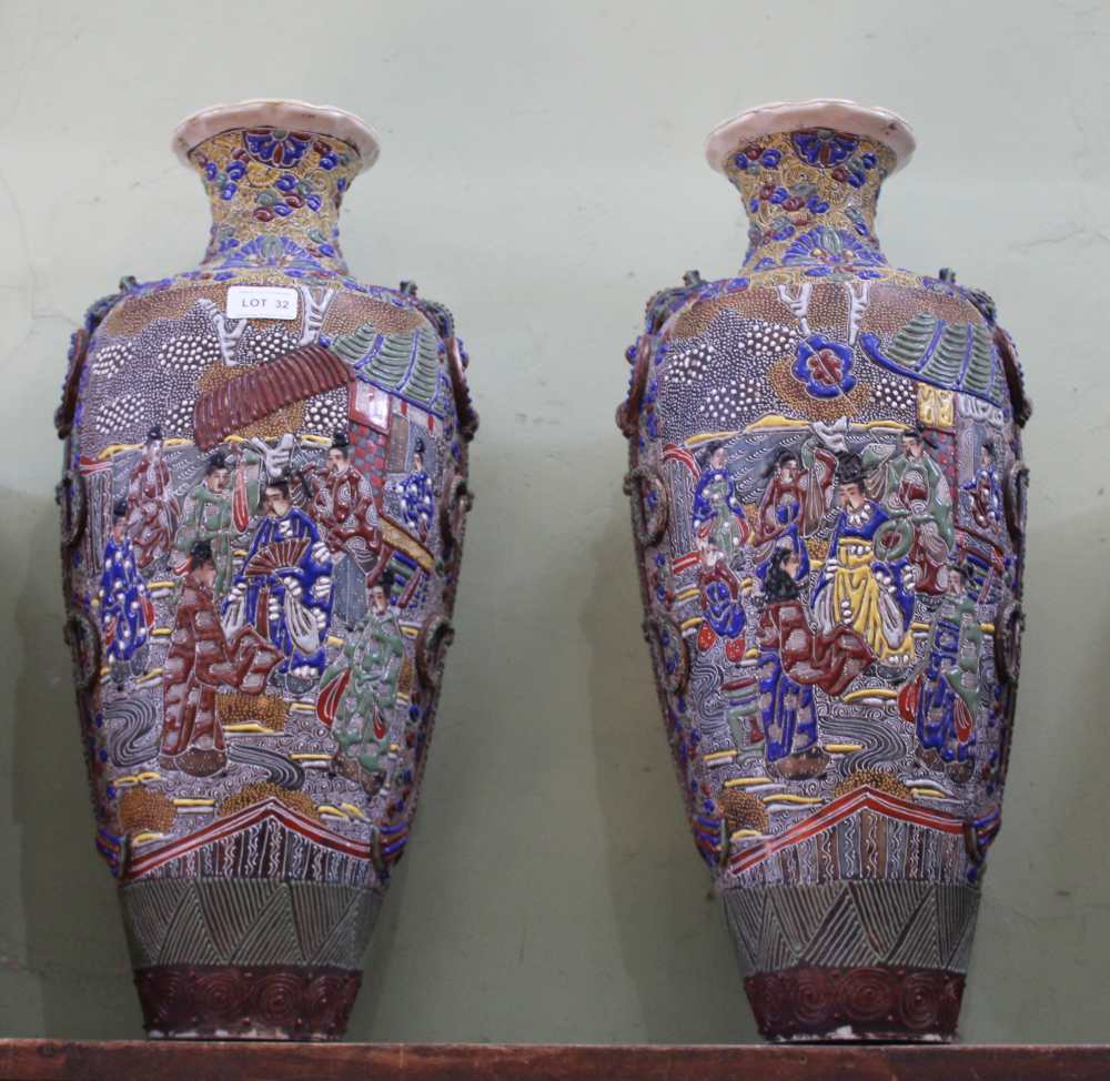 A PAIR OF ORIENTAL 'CLOISONNE DESIGNED' POTTERY VASES