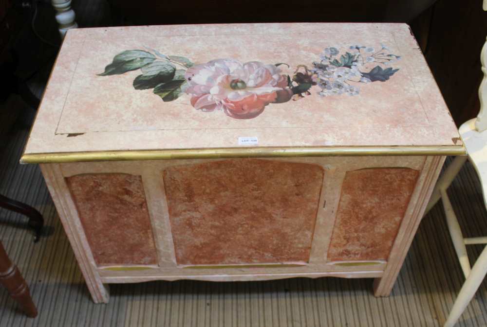 A LATER PAINTED BOX COFFER with floral painted top, and triple panelled front