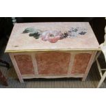 A LATER PAINTED BOX COFFER with floral painted top, and triple panelled front