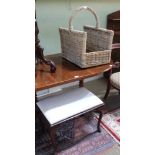 A WOVEN WICKERWORK LOG CADDY sold together with a pad topped four legged stool