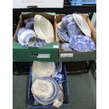 TWO BOXES AND A CRATE CONTAINING A LARGE SELECTION OF BLUE & WHITE DECORATED POTTERY