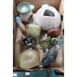 A BOX CONTAINING A SELECTION OF STUDIO POTTERY AND MODEL ANIMALS VARIOUS