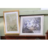 TWO LARGE DECORATIVE COLOURED FLORAL PRINTS one silver framed, one gilt framed