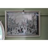 A COLOURED LOWRY PRINT OF A NORTHERN STREET SCENE