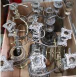A BOX OF DOMESTIC METALWARES the majority silver plated candelabrum