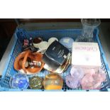 A SMALL BLUE CRATE CONTAINING GLASS & CHINAWARES to include paperweights