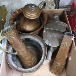 A BOX CONTAINING A SELECTION OF DOMESTIC METALWARES the majority copper and in the Art Nouveau style