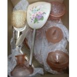 A BOX CONTAINING VARIOUS DRESSING TABLE TOP SETS to include moulded peach glassware