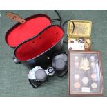 A CASED SET OF BINOCULARS together with; a Princess Alexandra Christmas tin, and a framed