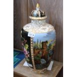 A CONTINENTAL PORCELAIN JAR & COVER with alternating bands of flowers, and landscape