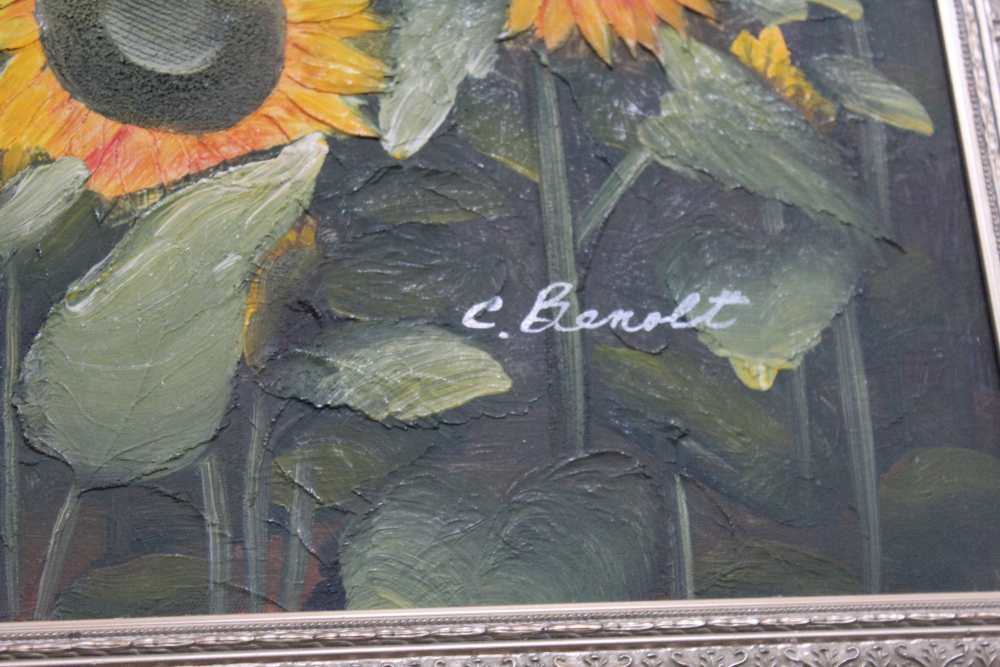 A MODERN OIL ON CANVAS STUDY OF A FIELD OF SUNFLOWERS in textured silvered frame - Image 2 of 2