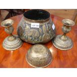 FOUR PIECES OF MIDDLE EASTERN BRASSWARE possibly Safavid