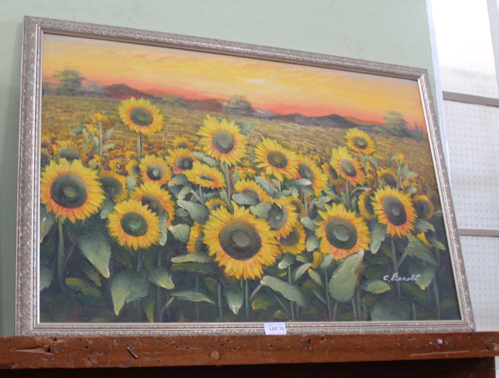 A MODERN OIL ON CANVAS STUDY OF A FIELD OF SUNFLOWERS in textured silvered frame