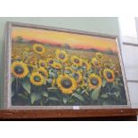 A MODERN OIL ON CANVAS STUDY OF A FIELD OF SUNFLOWERS in textured silvered frame