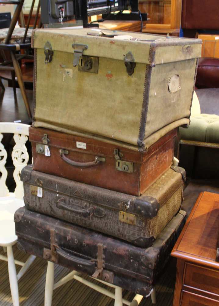 FOUR VARIOUS SUITCASES & TRAVELLING TRUNKS