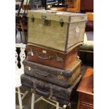 FOUR VARIOUS SUITCASES & TRAVELLING TRUNKS