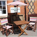 A PATIO SUITE comprising; folding umbrella, a pair of folding directors style chairs and a square