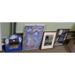 TWO USEFUL MIRRORS together with a selection of decorative framed wall hangings to include; Peter