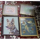 A COLLECTION OF GLAZED AND FRAMED WOOLWORK TAPESTRIES together with an Oriental print of a tiger