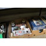 TWO BOXES AND A CRATE CONTAINING A SELECTION OF DOMESTIC COLLECTABLES, to include; boxed dolls,