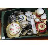 A BOX CONTAINING A SELECTION OF DOMESTIC POTTERY & PORCELAIN, together with metalwares, and an