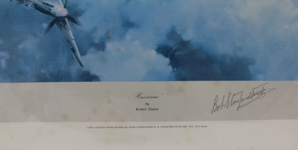 AFTER ROBERT TAYLOR A PRINT OF FOUR HURRICANES,1st edition, signed by Wing Commander Robert Stanford - Image 3 of 3