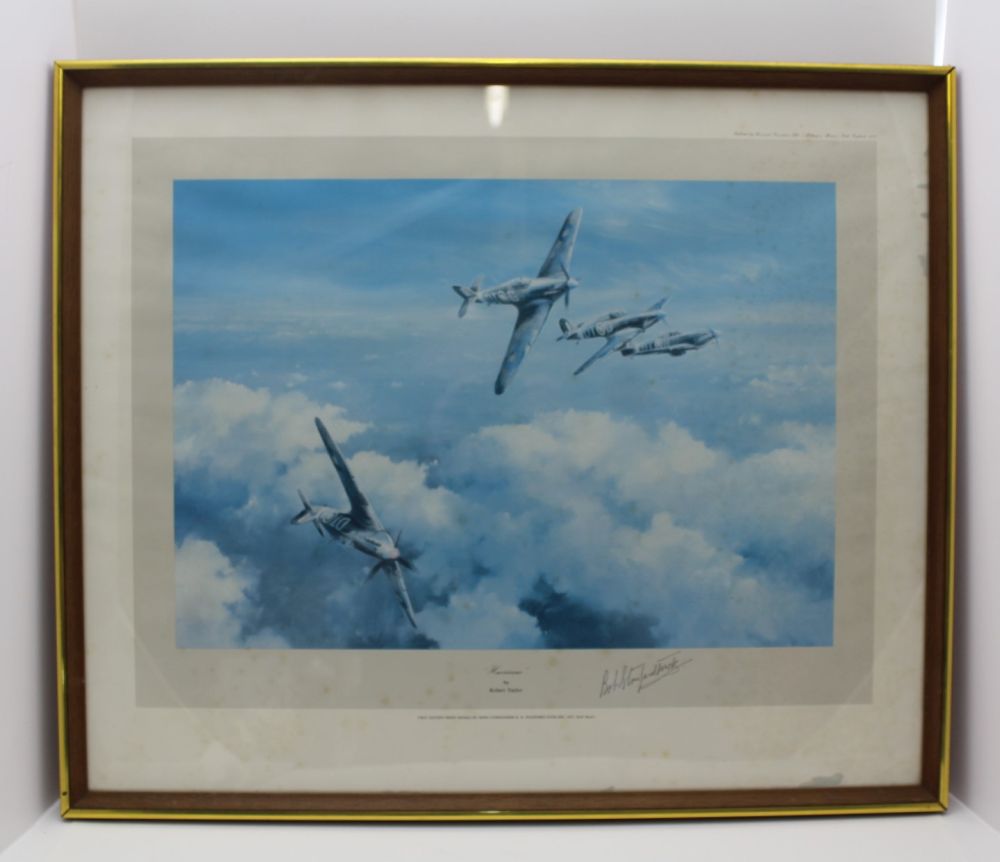 AFTER ROBERT TAYLOR A PRINT OF FOUR HURRICANES,1st edition, signed by Wing Commander Robert Stanford