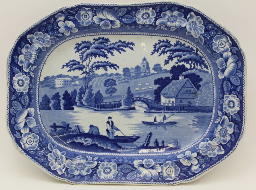 A 19TH CENTURY BLUE & WHITE TRANSFER PRINTED 'NUNEHAM COURTENAY' PATTERN POTTERY MEAT DISH with wild
