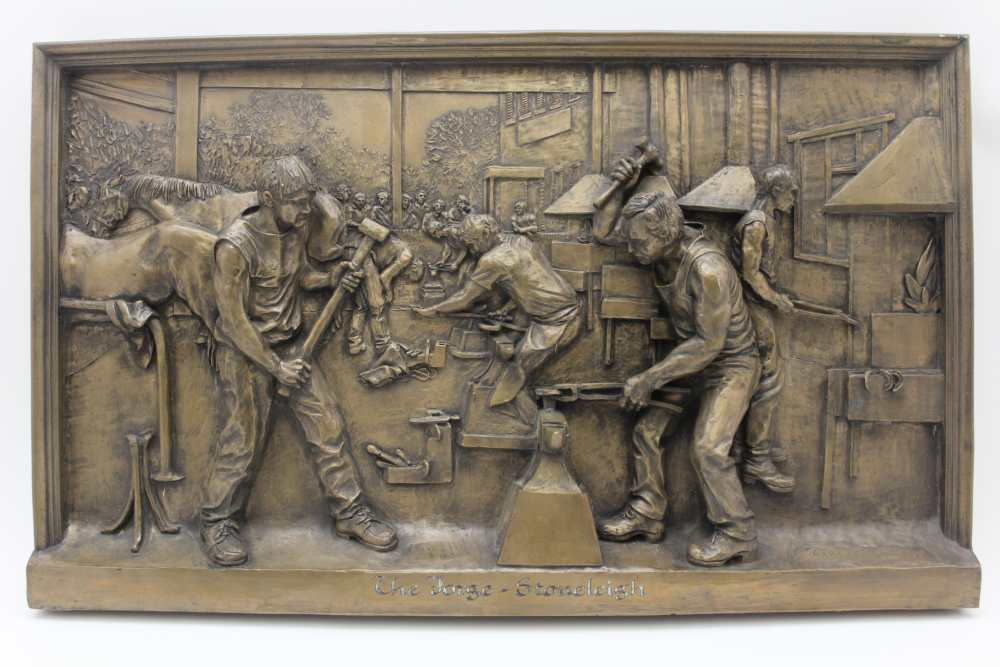 A BRONZED RESIN PLAQUE 'THE FORGE, STONELEIGH' signed Elizabeth Sharp, 30cm x 50cm