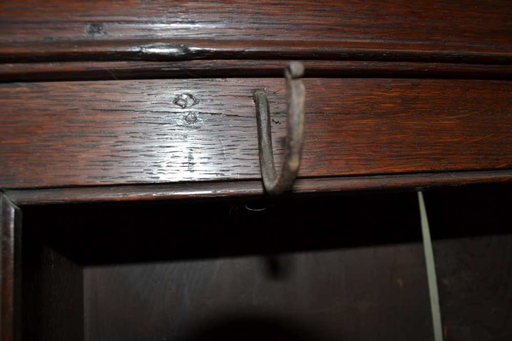 A LATE GEORGE III OAK DRESSER, the base fitted three drawers, with brass handles over shaped aprons, - Image 5 of 5