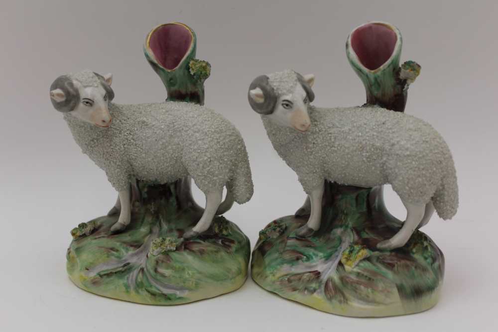 TWO 19TH CENTURY STAFFORDSHIRE POTTERY SHEEP SPILL HOLDERS, 13.5cm high, together with a pair of - Image 4 of 5