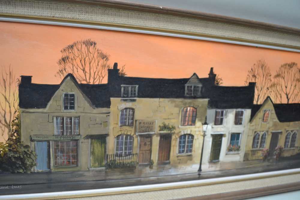 DEBORAH JONES (1921-2012) Sunset, A Cotswold Village Street Scene, oil on board, signed, 30cm x 75cm - Image 3 of 5