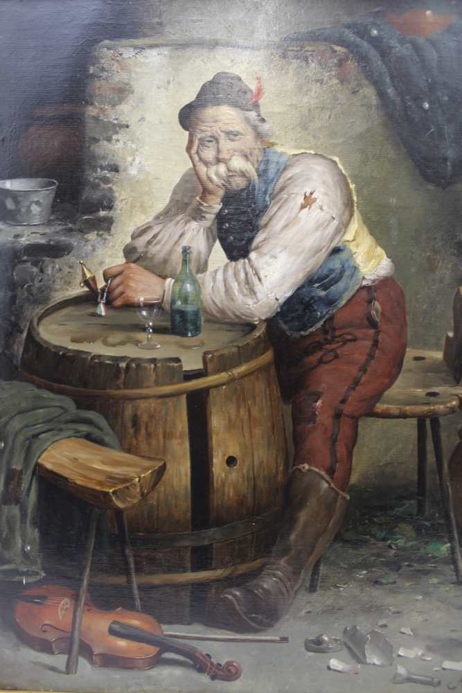 LATE 19TH CENTURY EUROPEAN SCHOOL 'Reminiscing', an elderly gentleman sat at a barrel with a - Image 2 of 4