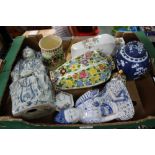 A BOX CONTAINING POTTERY & PORCELAIN to include Oriental