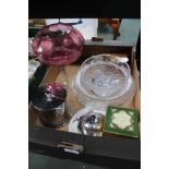 A BOX CONTAINING DOMESTIC GLASSWARE including Waterford, together with wooden heart shaped box