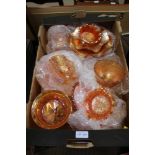 A BOX CONTAINING A LARGE SELECTION OF CARNIVAL GLASS