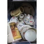 A PLASTIC CRATE CONTAINING DOMESTIC CROCKERY including part tea service, advertising jugs, etc