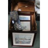 A BOX CONTAINING A FOLDING BOOK SLIDE, 19TH CENTURY MAHOGANY JEWELLERY BOX & selection of Lowry