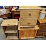 A PINE EFFECT TWO DRAWER BEDSIDE UNIT together with A MODERN PINE LAUNDRY BOX, together with a low