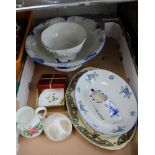 A BOX OF DOMESTIC POTTERY including Wedgwood, Doulton, Aynsley, etc