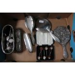 A BOX CONTAINING A SELECTION OF DOMESTIC METALWARES including hallmarked silver, vanity mirrors,