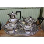 A FOUR PIECE PLATED TEASET together with other plated items & a small, hallmarked silver spill vase