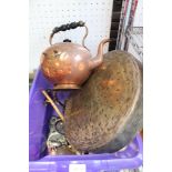 A CRATE OF DOMESTIC METALWARES including copper bulbous teapot, brass gong, etc