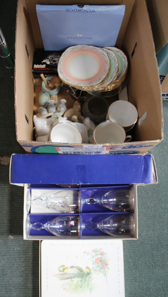 A BOX CONTAINING USEFUL DOMESTIC ITEMS to include part tea service, model animals, boxed