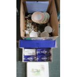 A BOX CONTAINING USEFUL DOMESTIC ITEMS to include part tea service, model animals, boxed
